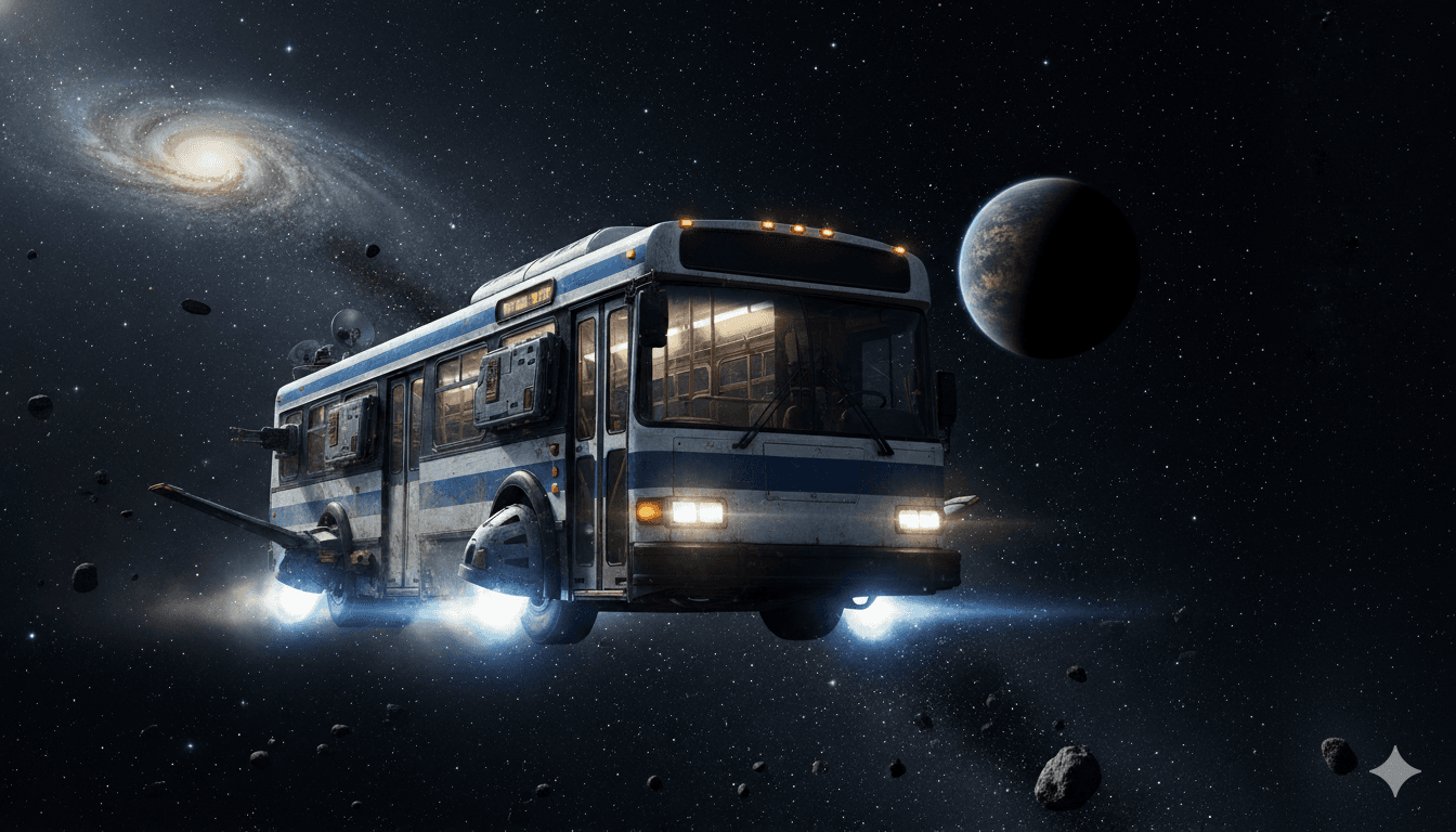 A transit bus flying through space (Gemini 2.5 Flash)